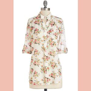 Modcloth Cals Blouse Shirt Sheer Cream Floral Flower Button Down Pink Red Cuffed